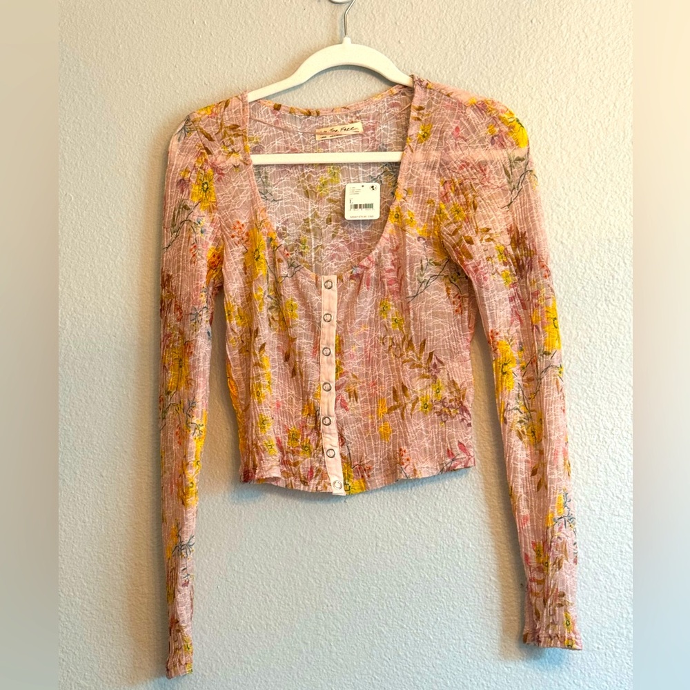 Free People Floral Button-Up Semi Cropped Long Sleeve Top Size Large